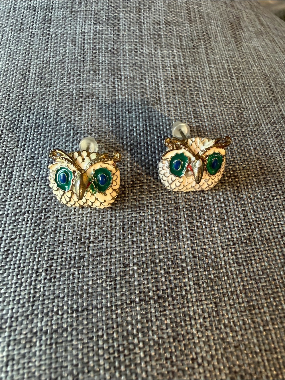 Gold Owl Stud Earrings with Green Accent
